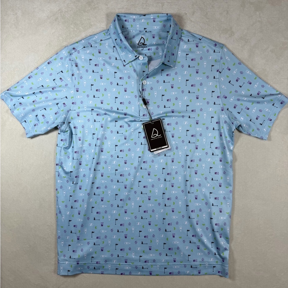 NWT Deolax Medium All Over Print Golf and Drinks Blue Performance Polo Shirt